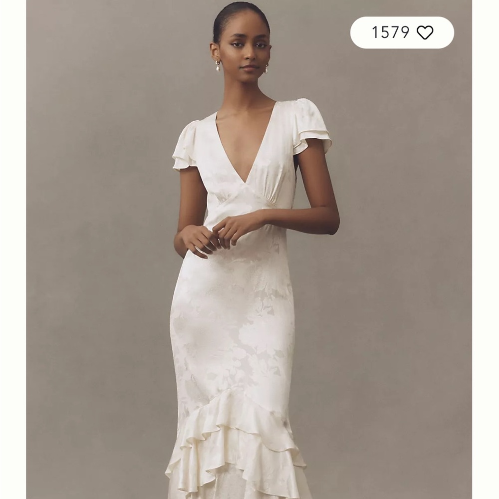 BHLDN Cream V-Neck Ruffled Midi Dress